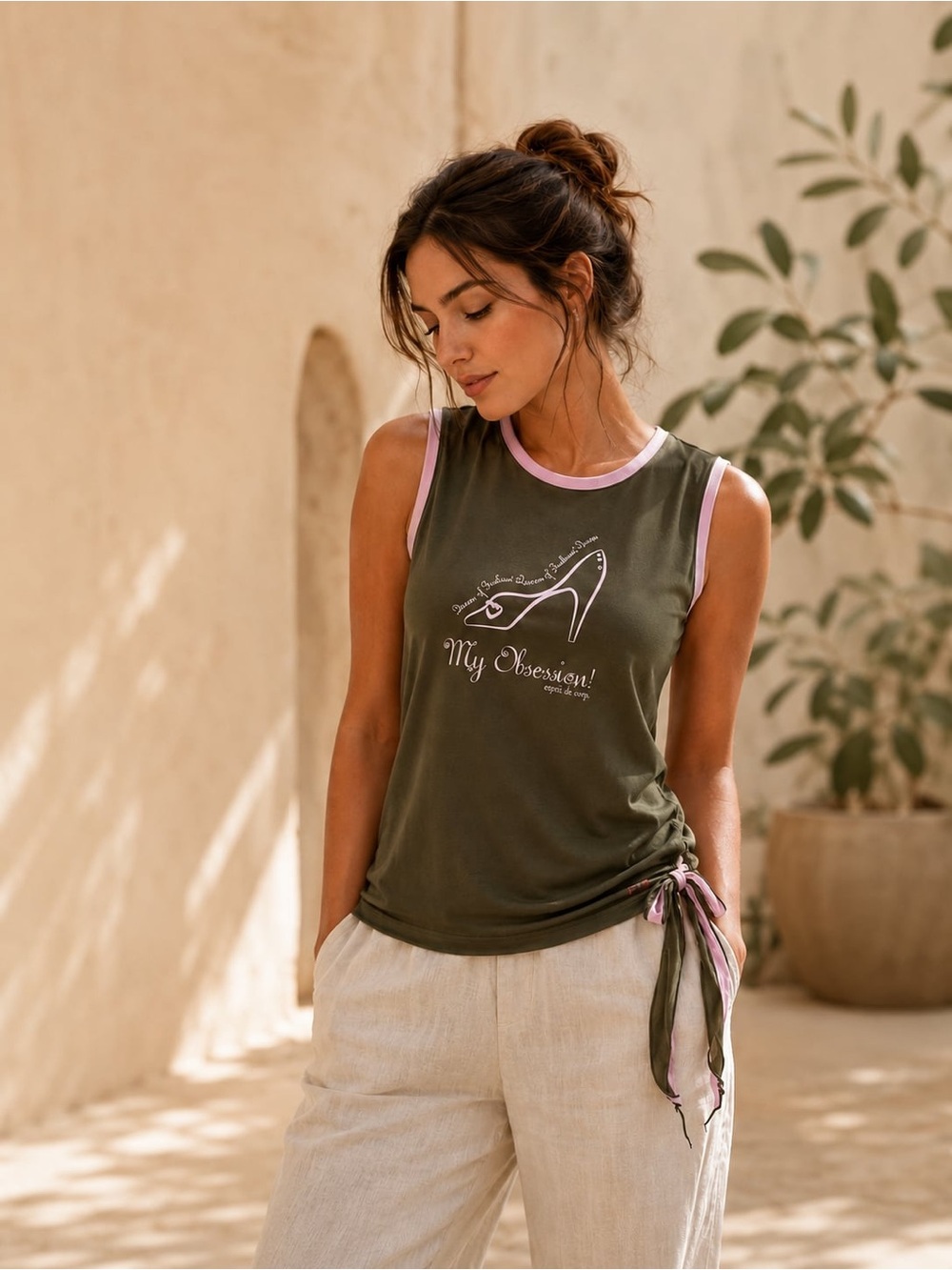 Esprit Olive Green Graphic Tank with Pink Trim size L
